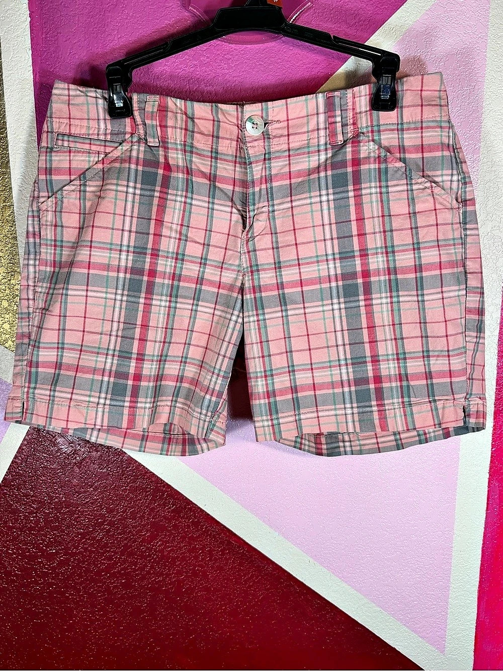 Lee Midrise Fit Pink Plaid Shorts Size 7 Preppy Madras Summer Pastel Pockets